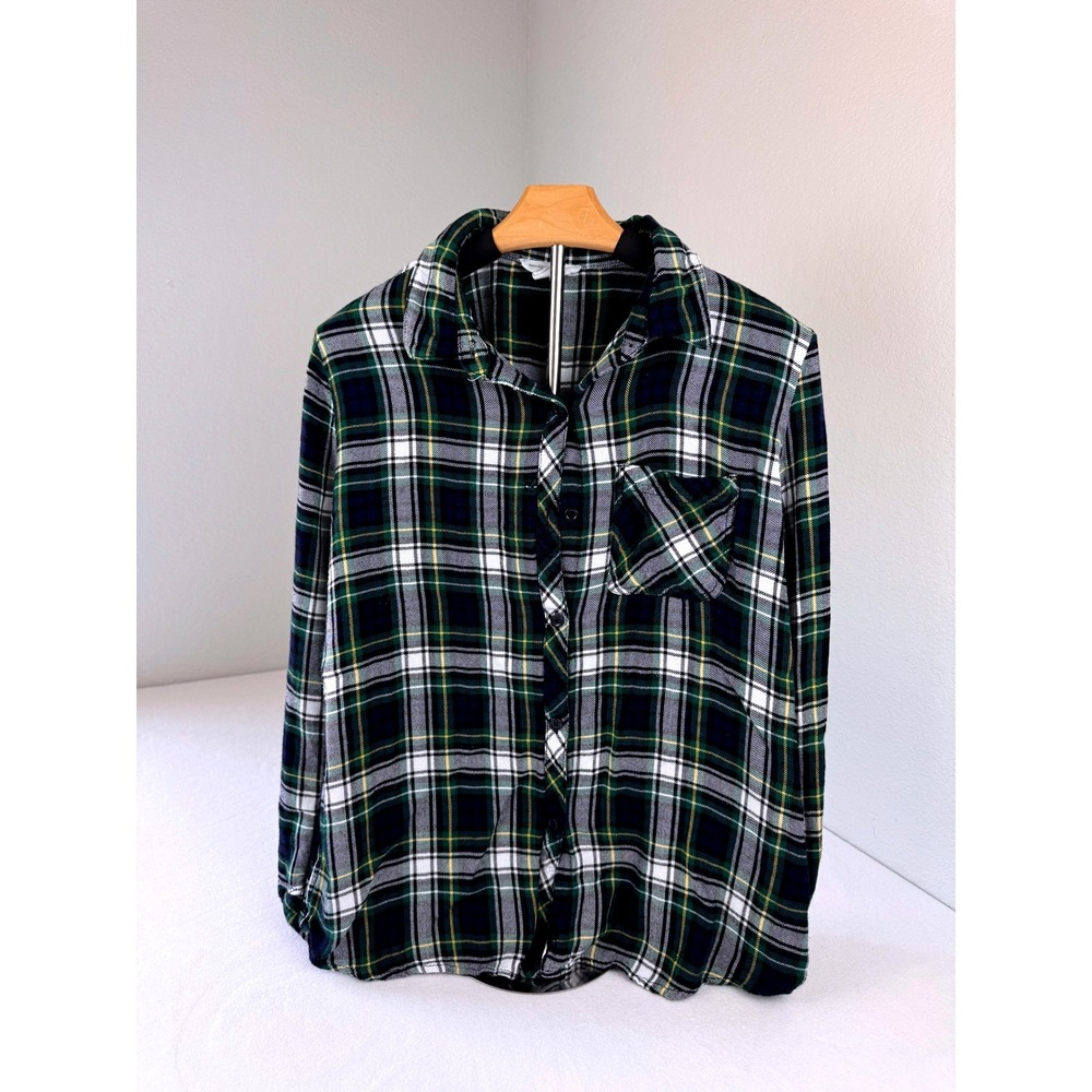 BeachLunchLounge Plaid Flannel Shirt M Greenโ Blue Cotton Shacket Grunge